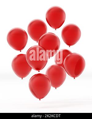 Palloncini rossi volanti isolati su sfondo bianco. Illustrazione 3D Foto Stock