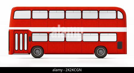 Autobus rosso a due piani isolato su sfondo bianco. Illustrazione 3D Foto Stock