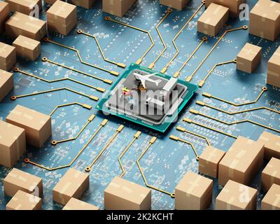 Grande gruppo di scatole di cartone collegate al microchip. Illustrazione 3D Foto Stock