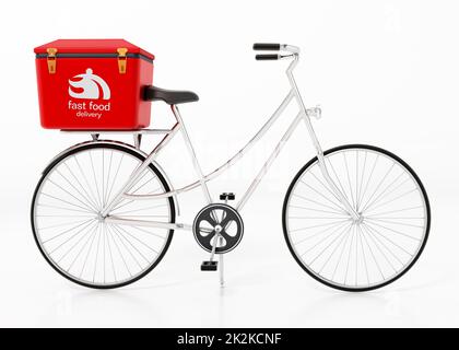 Bicicletta per consegna fast food isolata su sfondo bianco. Illustrazione 3D Foto Stock