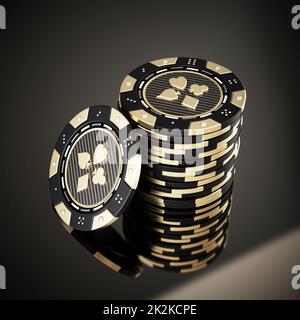 Chip da casinò su sfondo scuro riflettente. Illustrazione 3D Foto Stock