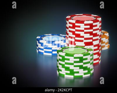 Chip da casinò su sfondo scuro riflettente. Illustrazione 3D Foto Stock