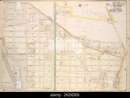 Cartografica, Mappe. 1907 - 1908. Lionel Pincus e la Principessa Firyal Map Division. Vampate (New York, N.Y.) Queens, Vol. 2, Double Page Plate No. 5; parte di Long Island City Ward One (parte di Old Ward 2) e parte di Newtown Ward 2. Mappa delimitata da Middleburg Ave., Woodside Ave., Celtic (autostrada per il cimitero del Calvario) Ave., Bushwick e Newtown Turnpike, Borden Ave., Hunters Point Ave., Harold Ave., Covert Ave., Anable Ave., Nott Ave., Queens Boulevard, Foster Ave., Skillman Ave., Laurel Hill Ave., Barnett Ave.; tra cui Stone St., Fitting St., Heiser St., Gosman St., Carolin St., Bliss St., Grove Foto Stock