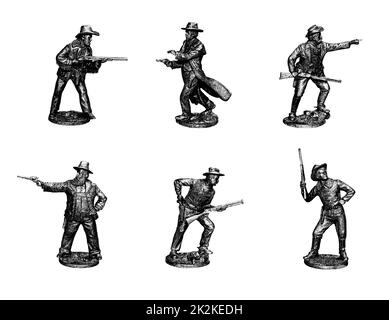 Cowboy. Gunslingers dal selvaggio West in diverse posizioni. Foto con figure in stagno. Foto Stock