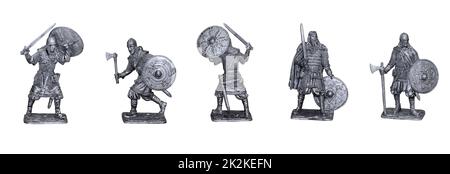 Vichinghi. Cavalieri medievali in diverse pose. Foto con figure in stagno. Foto Stock