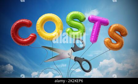 Le forbici tagliano i palloncini a forma di lettera formano il costo della parola. Illustrazione 3D Foto Stock