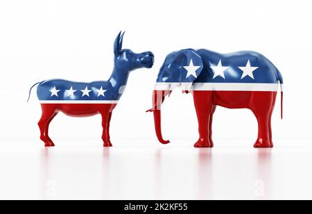 Simboli politici del partito repubblicano e democratico elefante e asino. Illustrazione 3D Foto Stock