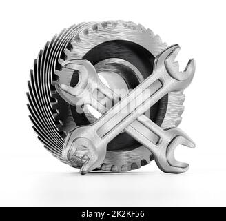 Ruota dentata e chiavi isolate su sfondo bianco. Illustrazione 3D Foto Stock