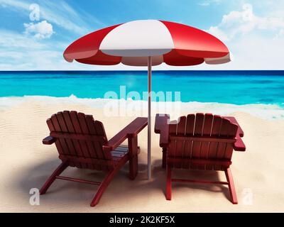 Ombrellone e due lettini in spiaggia in riva al mare. Illustrazione 3D Foto Stock