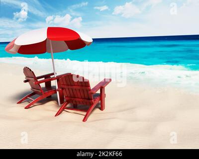 Ombrellone e due lettini in spiaggia in riva al mare. Illustrazione 3D Foto Stock