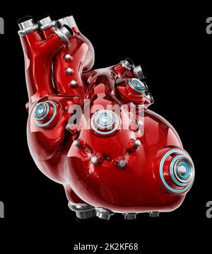 Meccanico artificiale cuore rosso isolato su nero. Illustrazione 3D Foto Stock