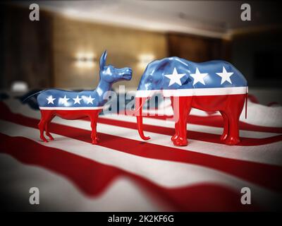 Simboli politici del partito repubblicano e democratico elefante e asino sulla bandiera americana. Illustrazione 3D Foto Stock