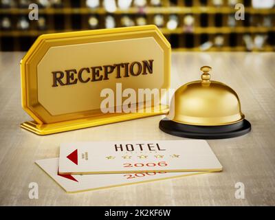 Chiave dell'hotel, campanello e cartello della reception sulla reception dell'hotel. Illustrazione 3D Foto Stock
