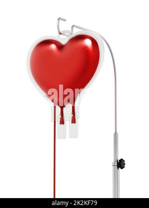 Sangue all'interno del sacchetto a forma di cuore. Illustrazione 3D Foto Stock