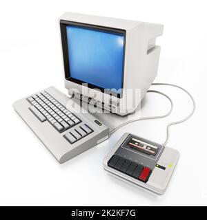 Personal computer vintage con lettore di cassette. Illustrazione 3D Foto Stock