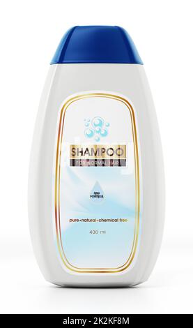 Flacone di shampoo generico e design di etichetta isolato su sfondo bianco. Illustrazione 3D Foto Stock