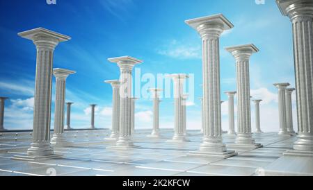 Antiche rovine di pilastri greci contro il cielo blu. Illustrazione 3D Foto Stock