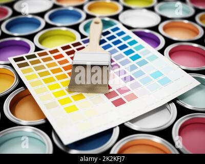 Barattoli di vernice, rullo e guida dei colori. Illustrazione 3D Foto Stock