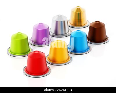 Capsule di caffè isolate su sfondo bianco. Illustrazione 3D Foto Stock