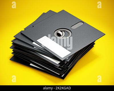 floppy disk da 5,25 pollici isolati su sfondo giallo. Illustrazione 3D Foto Stock