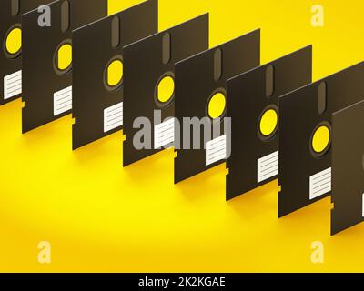 floppy disk da 5,25 pollici isolati su sfondo giallo. Illustrazione 3D Foto Stock