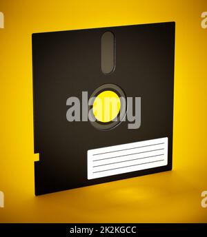 floppy disk da 5,25 pollici isolato su sfondo giallo. Illustrazione 3D Foto Stock