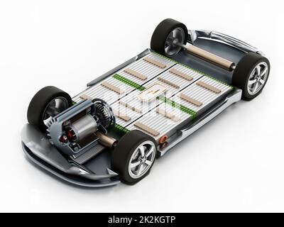 Telaio fittizio per auto elettrica con motore elettrico e batterie. Illustrazione 3D Foto Stock