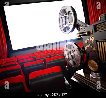 Proiettore cinematografico d'epoca nel cinema. Illustrazione 3D Foto Stock