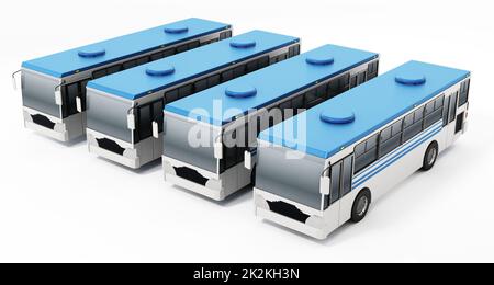 Autobus urbani generici in una fila isolato su sfondo bianco. Illustrazione 3D Foto Stock
