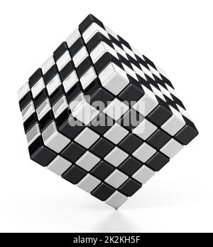 Cubo formato con texture a dama in bianco e nero. Illustrazione 3D Foto Stock