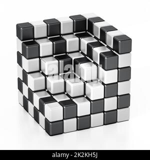 Cubo formato con texture a dama in bianco e nero. Illustrazione 3D Foto Stock