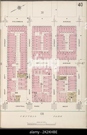 Cartografica, Mappe. 1912. Lionel Pincus e la Principessa Firyal Map Division. Assicurazione antincendio , New York (stato), Real Property , New York (stato), Cities & Cities , New York (stato) Manhattan V. 7, Plate No. 40 Mappa delimitata da Columbus Ave., W. 102nd St., Central Park West, W. 99th St Foto Stock