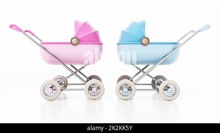 Passeggini retrò rosa e blu isolati su sfondo bianco. Illustrazione 3D Foto Stock