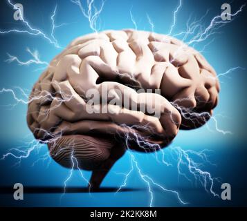 Fulmini intorno al cervello. Concetto di brainstorming. Illustrazione 3D Foto Stock