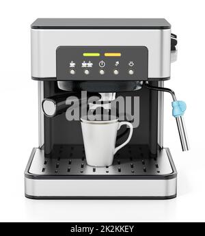 Macchina da caffè in acciaio inox isolata su sfondo bianco. Illustrazione 3D Foto Stock