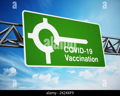 Vaccinazione Covid-19 sulla prossima uscita Roa segno. Illustrazione 3D Foto Stock