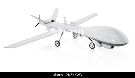 Drone bianco militare senza equipaggio isolato su sfondo bianco. Illustrazione 3D Foto Stock