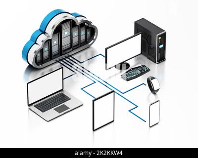 Dispositivi intelligenti connessi ai server a forma di cloud. Diagramma del cloud computing. Illustrazione 3D Foto Stock