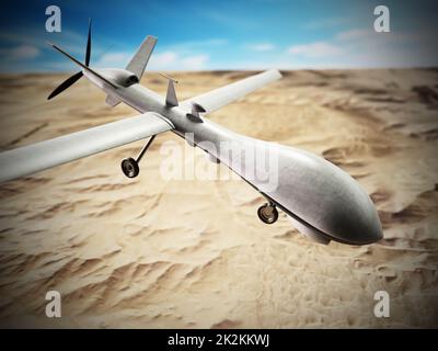 Drone bianco militare senza equipaggio in aria. Illustrazione 3D Foto Stock