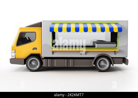 Generico camion fast food isolato su sfondo bianco. Illustrazione 3D Foto Stock