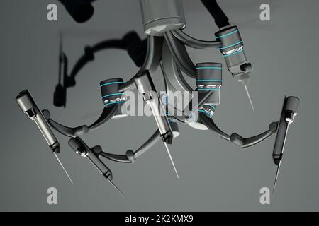 Bracci robotici per chirurgia robotica assistita isolati su sfondo grigio. Illustrazione 3D Foto Stock