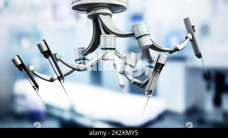 Bracci robotici per chirurgia robotica assistita. Illustrazione 3D Foto Stock