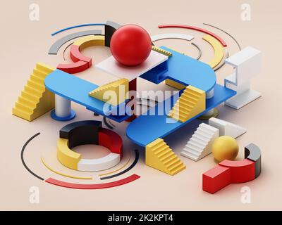 Gruppo di minimo 20s 3D forme geometriche disposte insieme. Illustrazione 3D Foto Stock