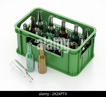 Bottiglie di birra in vetro vuote all'interno della cassa verde. Illustrazione 3D Foto Stock