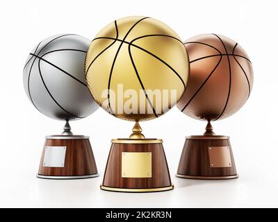 Palline da basket in oro, argento e bronzo su piedistallo in legno. Primo, secondo e terzo premio per il basket. Illustrazione 3D Foto Stock