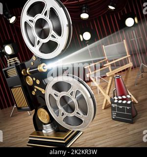 Telecamera vintage, sedia da regista, clapperboard e corno in studio. Illustrazione 3D Foto Stock