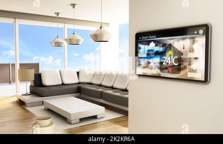 Concetto di casa intelligente. Tablet con comandi intelligenti per la casa sulla parete della casa. Illustrazione 3D Foto Stock