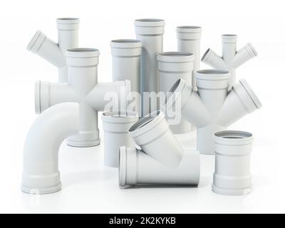 Parti di collegamento del tubo dell'acqua in PVC isolate su sfondo bianco. Illustrazione 3D Foto Stock