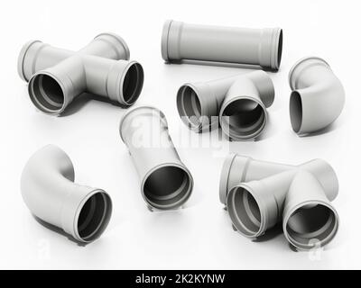 Parti di collegamento del tubo dell'acqua in PVC isolate su sfondo bianco. Illustrazione 3D Foto Stock