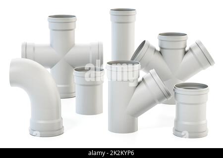 Parti di collegamento del tubo dell'acqua in PVC isolate su sfondo bianco. Illustrazione 3D Foto Stock